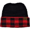 imageCC BeanieTail Cable Knit Messy High Bun Ponytail Cuff Beanie HatBuffalo Checkered RedBlack