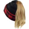 imageCC BeanieTail Cable Knit Messy High Bun Ponytail Cuff Beanie HatBuffalo Checkered RedBlack