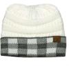 imageCC BeanieTail Cable Knit Messy High Bun Ponytail Cuff Beanie HatBuffalo Checkered WhiteLight Melange Gray