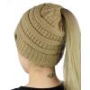 imageCC BeanieTail Soft Stretch Cable Knit Messy High Bun Ponytail Beanie HatCamel