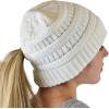 imageCC BeanieTail Soft Stretch Cable Knit Messy High Bun Ponytail Beanie HatCriss Cross Ivory
