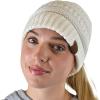 imageCC BeanieTail Soft Stretch Cable Knit Messy High Bun Ponytail Beanie HatCriss Cross Ivory