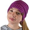 imageCC BeanieTail Soft Stretch Cable Knit Messy High Bun Ponytail Beanie HatCriss Cross Magenta Purple