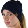 imageCC BeanieTail Soft Stretch Cable Knit Messy High Bun Ponytail Beanie HatCriss Cross Navy