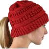 imageCC BeanieTail Soft Stretch Cable Knit Messy High Bun Ponytail Beanie HatCriss Cross Red