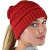 imageCC BeanieTail Soft Stretch Cable Knit Messy High Bun Ponytail Beanie HatCriss Cross Red