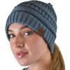 imageCC BeanieTail Soft Stretch Cable Knit Messy High Bun Ponytail Beanie HatCriss Cross Steel Blue