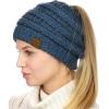 imageCC BeanieTail Soft Stretch Cable Knit Messy High Bun Ponytail Beanie HatDark Denim Metallic