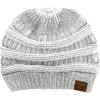 imageCC BeanieTail Soft Stretch Cable Knit Messy High Bun Ponytail Beanie HatIvorySilver Metallic