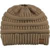 imageCC BeanieTail Soft Stretch Cable Knit Messy High Bun Ponytail Beanie HatTaupe