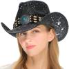 imageCC Classic Western Wide Roll up Brim Turquoise Charm Trim Band Cowboy Cowgirl HatOpen Weavedblack