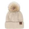 imageCC Hatsandscarf Exclusives Unisex Solid Ribbed Beanie with Pom HAT43A Smocking Stitch Patternbeige