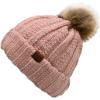 imageCC Thick Cable Knit Faux Fuzzy Fur Pom Fleece Lined Skull Cap Cuff BeanieChenille Indi Pink