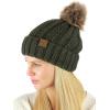 imageCC Thick Cable Knit Faux Fuzzy Fur Pom Fleece Lined Skull Cap Cuff BeanieConfetti Dark Olive
