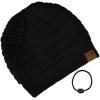 imageCC Unisex Chunky Soft Stretch Cable Knit Warm Fuzzy Lined Skully BeanieBlack With Hair Tie