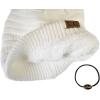 imageCC Unisex Chunky Soft Stretch Cable Knit Warm Fuzzy Lined Skully BeanieWhite With Hair Tie