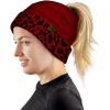 imageCC BeanieTail Cable Knit Messy High Bun Ponytail Cuff Beanie HatLeopard Red