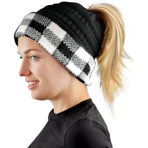imageCC BeanieTail Cable Knit Messy High Bun Ponytail Cuff Beanie HatBuffalo Checkered BlackWhite