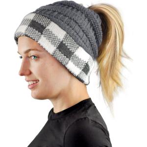 imageCC BeanieTail Cable Knit Messy High Bun Ponytail Cuff Beanie HatBuffalo Checkered Dark Melange GrayWhite