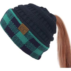 imageCC BeanieTail Cable Knit Messy High Bun Ponytail Cuff Beanie HatBuffalo Checkered Hunter GreenNavy