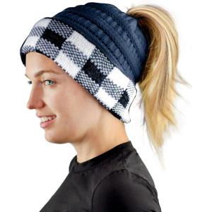 imageCC BeanieTail Cable Knit Messy High Bun Ponytail Cuff Beanie HatBuffalo Checkered NavyWhite
