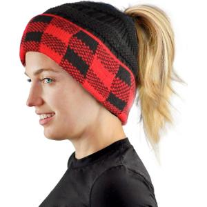 imageCC BeanieTail Cable Knit Messy High Bun Ponytail Cuff Beanie HatBuffalo Checkered RedBlack