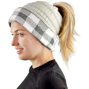 imageCC BeanieTail Cable Knit Messy High Bun Ponytail Cuff Beanie HatBuffalo Checkered WhiteLight Melange Gray