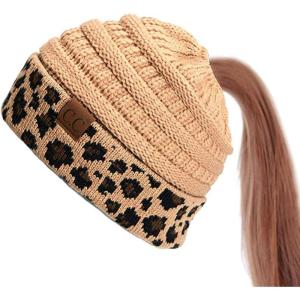 imageCC BeanieTail Cable Knit Messy High Bun Ponytail Cuff Beanie HatLeopard Camel