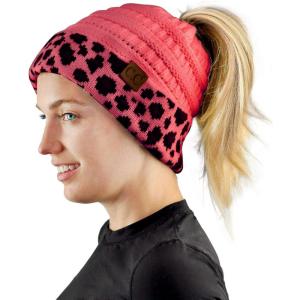 imageCC BeanieTail Cable Knit Messy High Bun Ponytail Cuff Beanie HatLeopard Candy Pink
