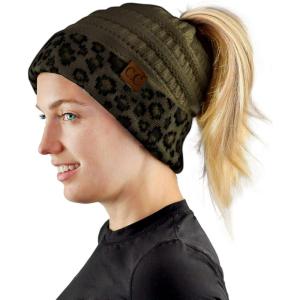 imageCC BeanieTail Cable Knit Messy High Bun Ponytail Cuff Beanie HatLeopard Dark Olive