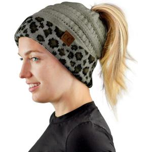 imageCC BeanieTail Cable Knit Messy High Bun Ponytail Cuff Beanie HatLeopard Light Melange Gray