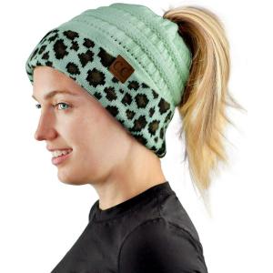 imageCC BeanieTail Cable Knit Messy High Bun Ponytail Cuff Beanie HatLeopard Mint