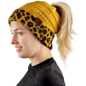 imageCC BeanieTail Cable Knit Messy High Bun Ponytail Cuff Beanie HatLeopard Mustard
