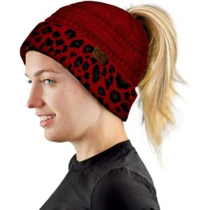 imageCC BeanieTail Cable Knit Messy High Bun Ponytail Cuff Beanie HatLeopard Red