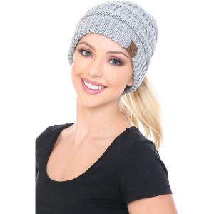 imageCC BeanieTail Soft Stretch Cable Knit Messy High Bun Ponytail Beanie Hat2 Tone Grey