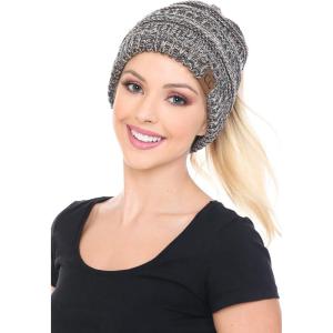 imageCC BeanieTail Soft Stretch Cable Knit Messy High Bun Ponytail Beanie Hat3 Tone Brown