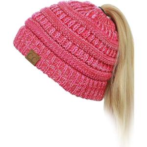imageCC BeanieTail Soft Stretch Cable Knit Messy High Bun Ponytail Beanie Hat3 Tone Coral