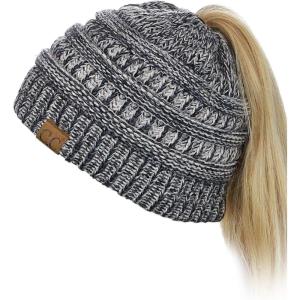 imageCC BeanieTail Soft Stretch Cable Knit Messy High Bun Ponytail Beanie Hat3 Tone Gray