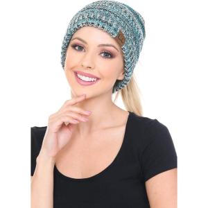 imageCC BeanieTail Soft Stretch Cable Knit Messy High Bun Ponytail Beanie Hat3 Tone Teal