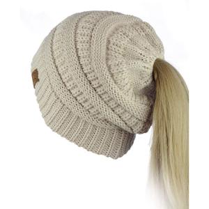 imageCC BeanieTail Soft Stretch Cable Knit Messy High Bun Ponytail Beanie HatBeige