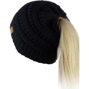 imageCC BeanieTail Soft Stretch Cable Knit Messy High Bun Ponytail Beanie HatBlack