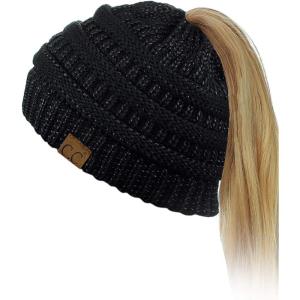 imageCC BeanieTail Soft Stretch Cable Knit Messy High Bun Ponytail Beanie HatBlack Metallic