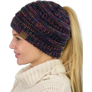 imageCC BeanieTail Soft Stretch Cable Knit Messy High Bun Ponytail Beanie HatBlackMulti