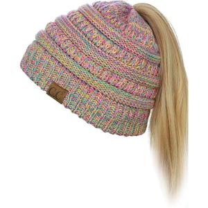 imageCC BeanieTail Soft Stretch Cable Knit Messy High Bun Ponytail Beanie HatBright Mix