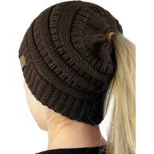 imageCC BeanieTail Soft Stretch Cable Knit Messy High Bun Ponytail Beanie HatBrown