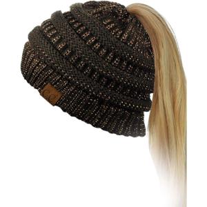 imageCC BeanieTail Soft Stretch Cable Knit Messy High Bun Ponytail Beanie HatBrown Metallic