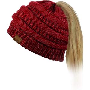 imageCC BeanieTail Soft Stretch Cable Knit Messy High Bun Ponytail Beanie HatBurgundy Metallic