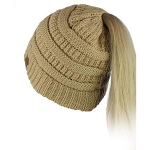 imageCC BeanieTail Soft Stretch Cable Knit Messy High Bun Ponytail Beanie HatCamel