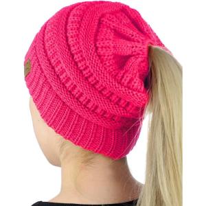 imageCC BeanieTail Soft Stretch Cable Knit Messy High Bun Ponytail Beanie HatCandy Pink