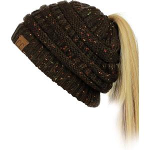 imageCC BeanieTail Soft Stretch Cable Knit Messy High Bun Ponytail Beanie HatConfetti Brown